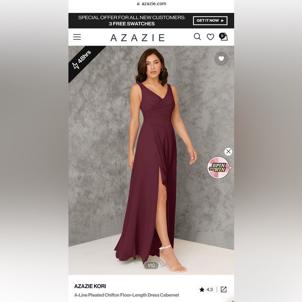 Azazie Kori A-Line Pleated Chiffon Floor-Length Dress Cabernet Size 8.